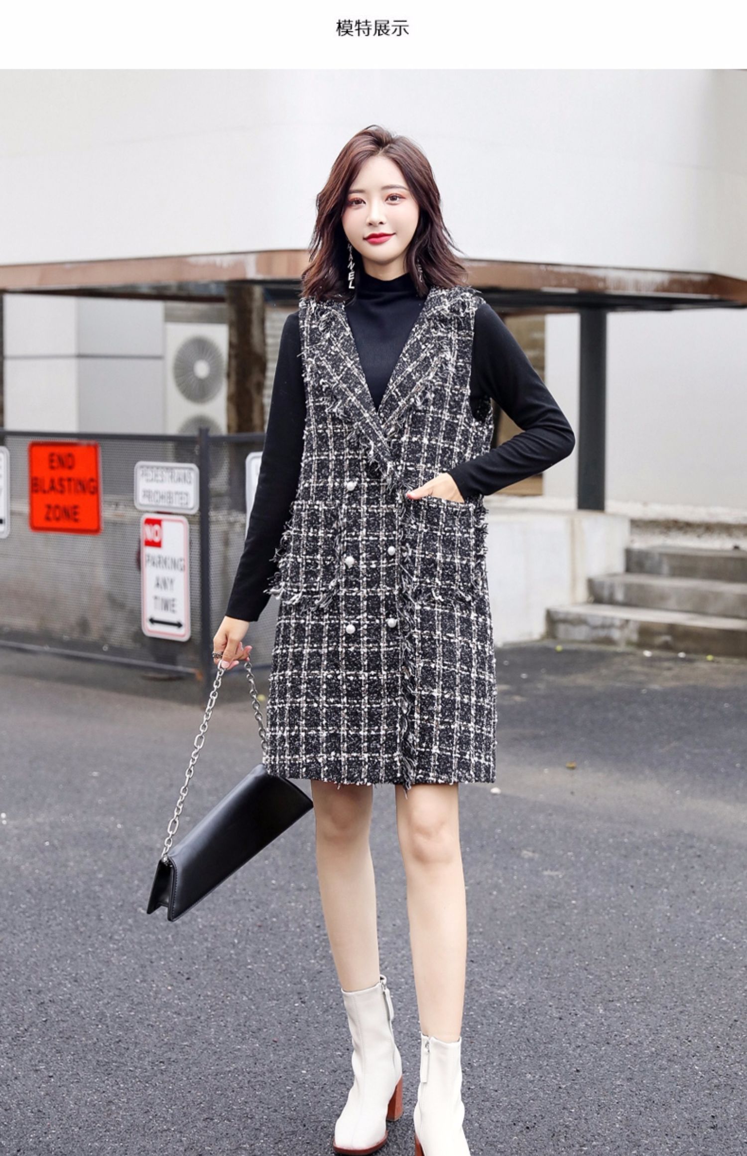 热卖格子毛呢马甲女中长款2019春秋装新款韩版小香风秋季无袖马夹外套