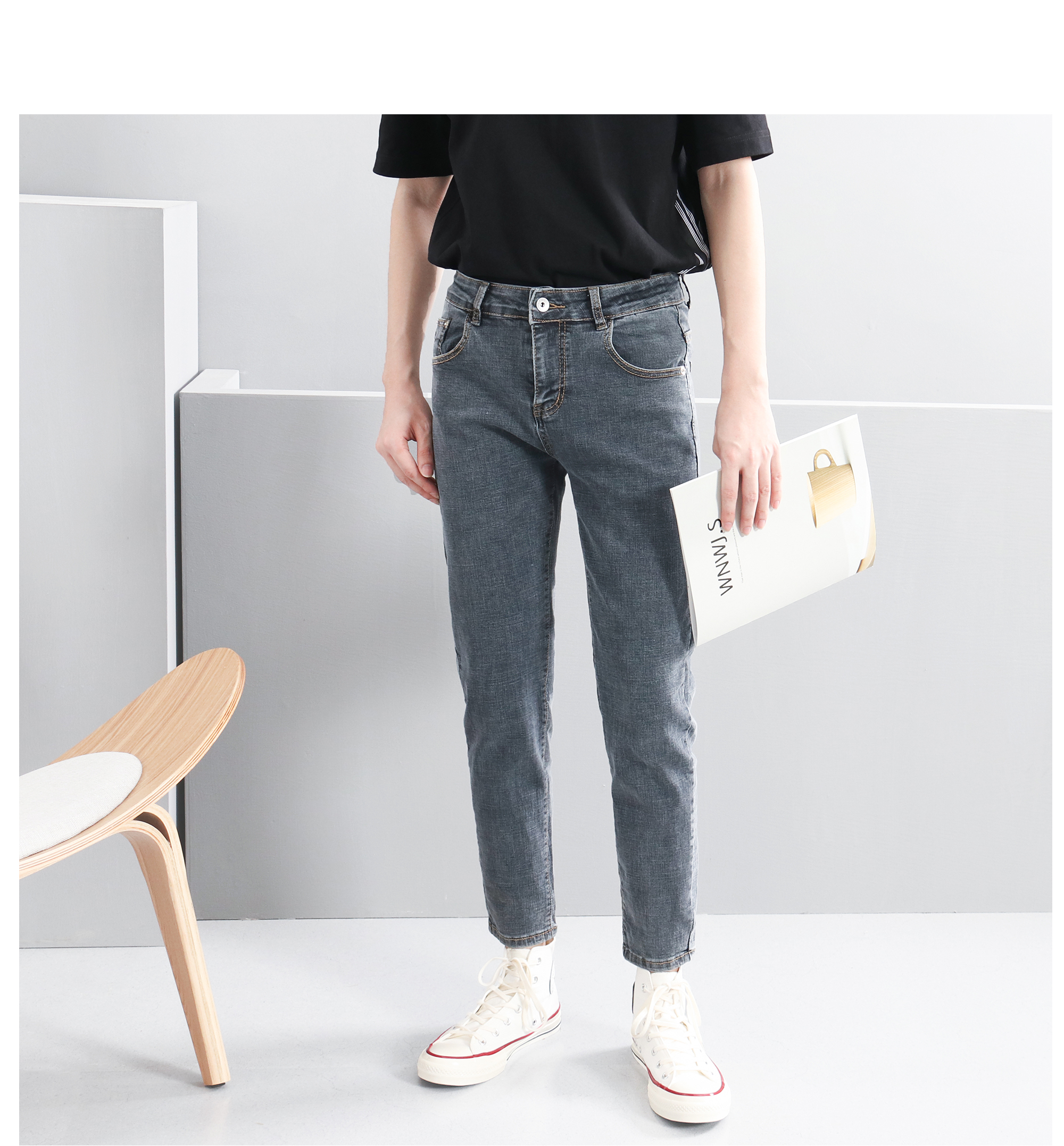 newlake新款灰色高端九分牛仔裤男修身小脚潮流韩版百搭直筒牛仔长裤