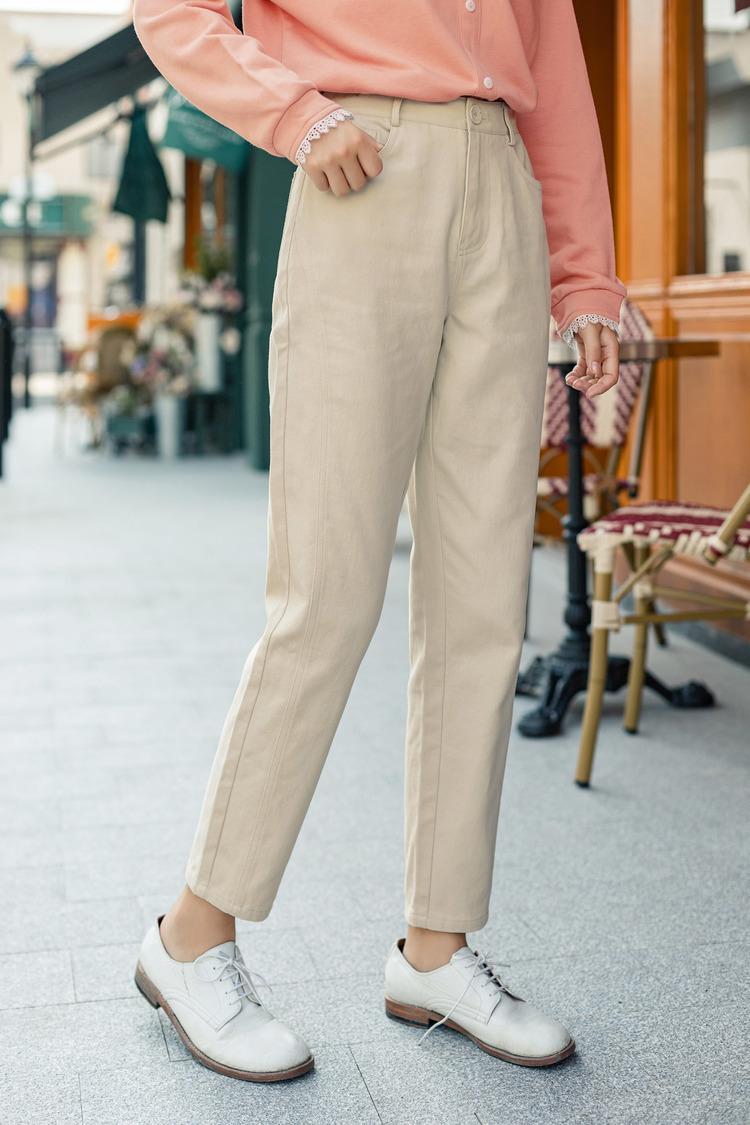 茵曼2020秋装新款杏色裤子文艺复古宽松直筒棉质舒适百搭休闲长裤【f