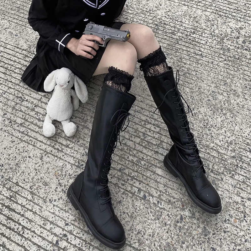 《配长靴子的丝袜蕾丝过膝袜白色洛丽塔小腿袜jk花边袜子女中筒黑色