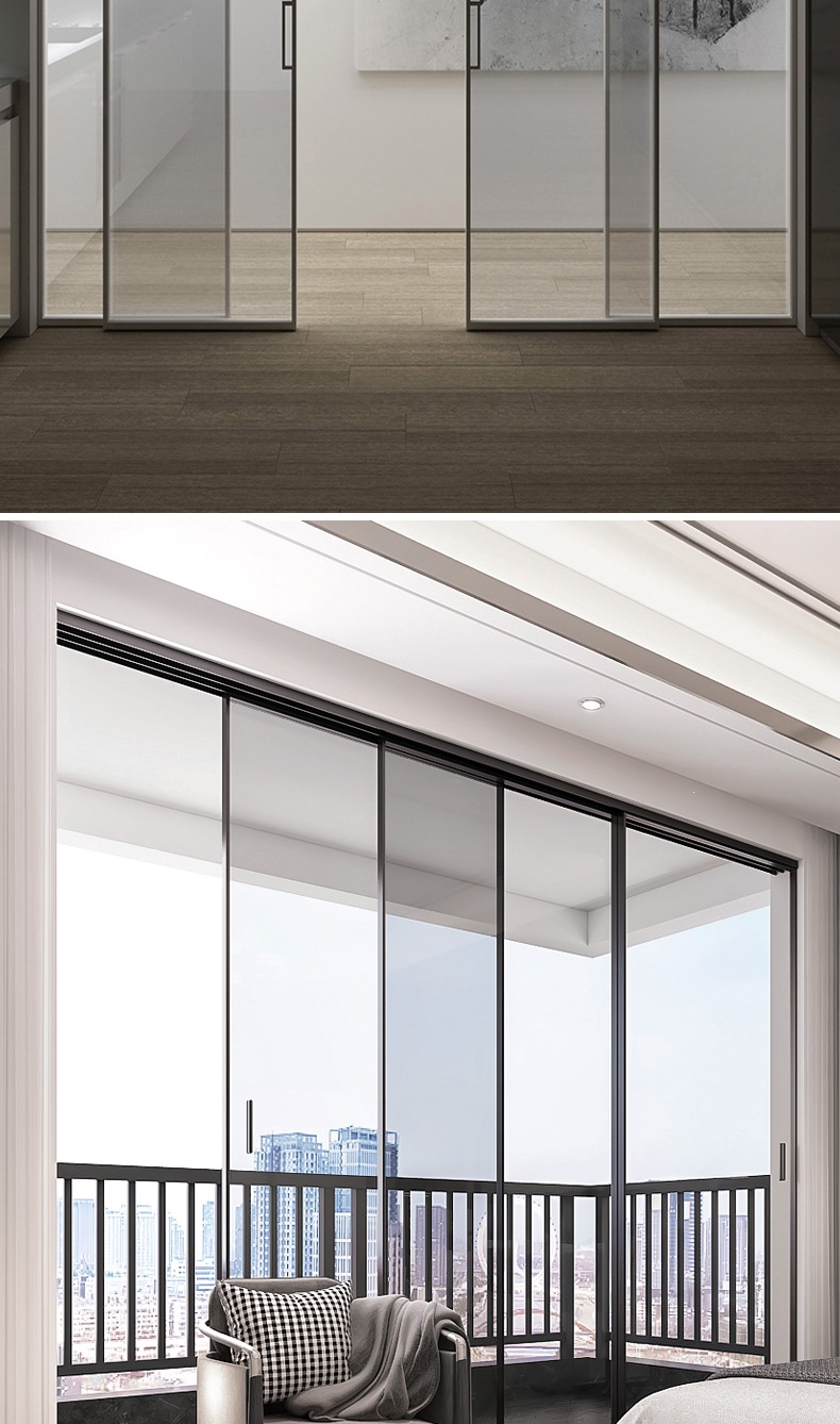 极窄边玻璃门推拉门吊轨符象三联动玻璃推拉门阳台隔断灰玻璃移门