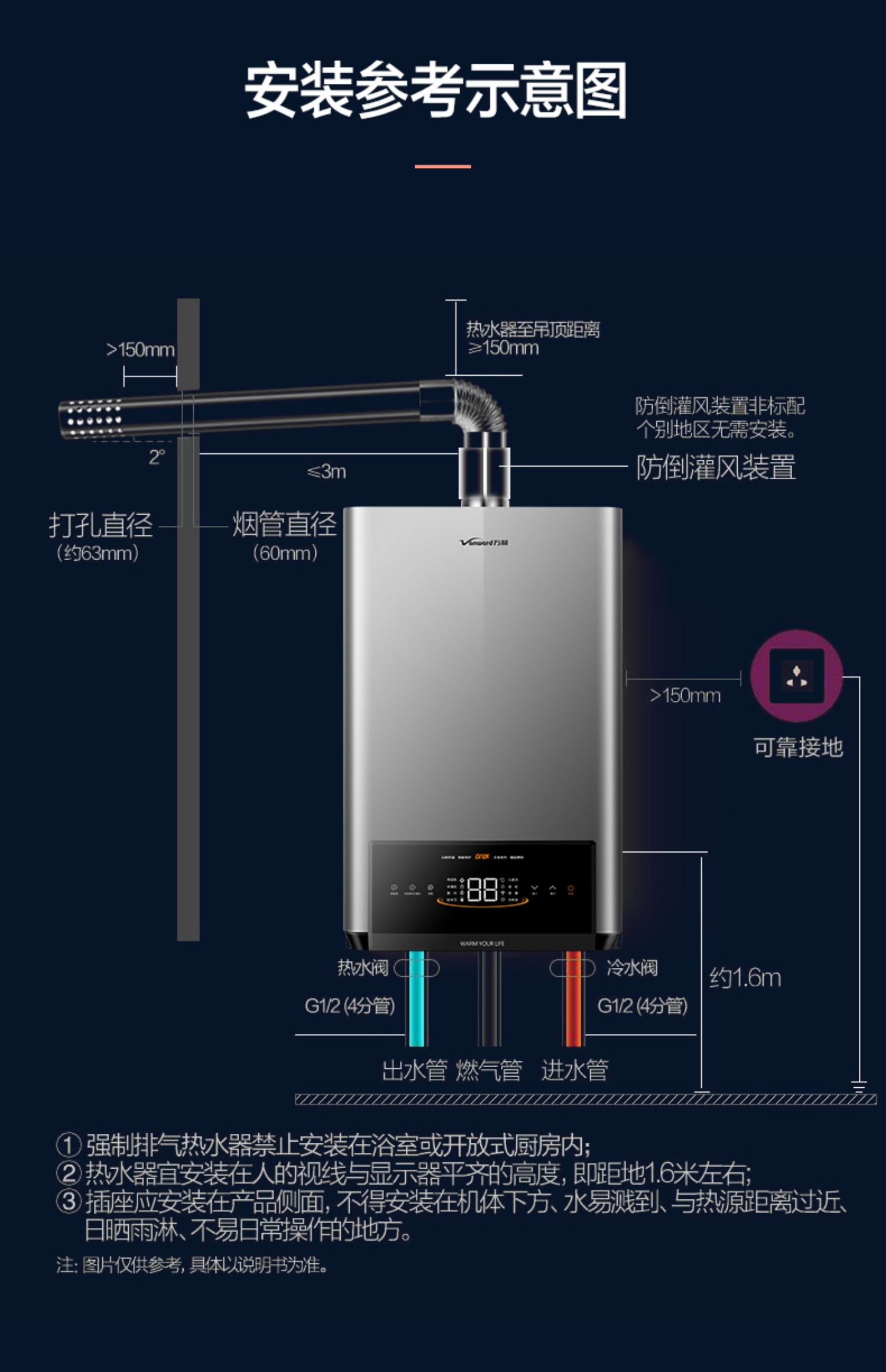 莫兰迪灰 天然气 万和燃气热水器电家用天然气零冷水16l升即热式防冻