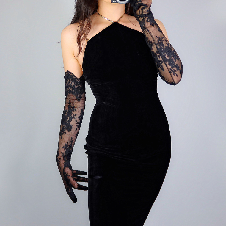 m 蕾丝长手套 62cm超长款透视透明睫毛花边波浪网纱黑色婚纱礼服》无