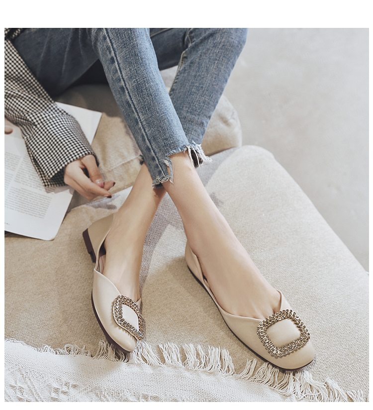 单鞋女2019新款裸色百搭平底豆豆鞋夏方头水钻方扣浅口一脚蹬凉鞋