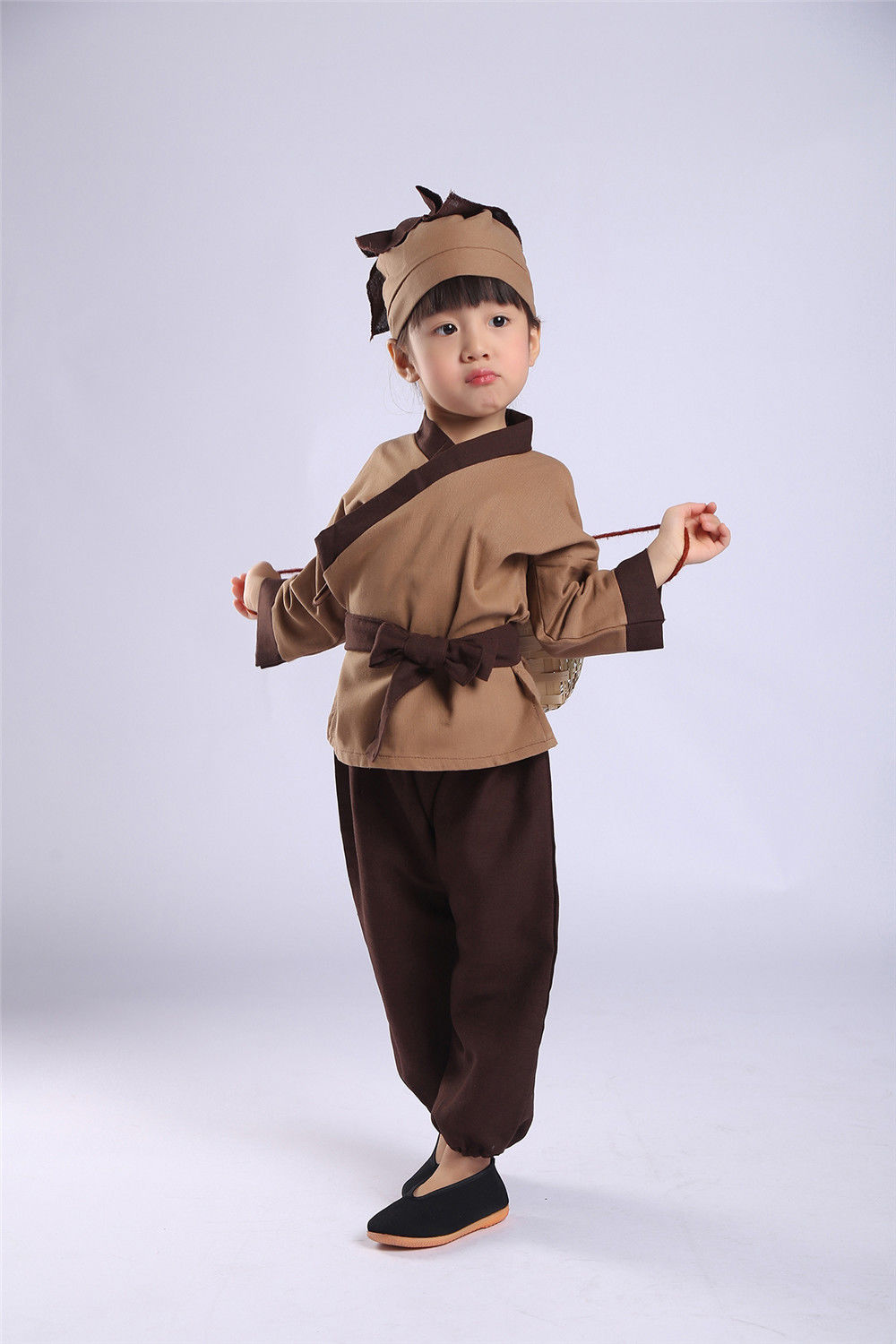 儿童春夏秋款少林寺小和尚汉服古装男女宝宝套装书童衣服演出表演褐色