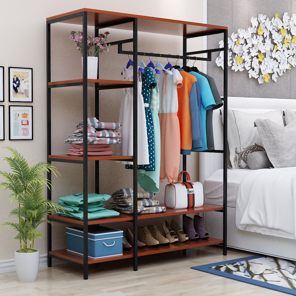 欧若凡家用收纳架简易落地衣帽架铁艺卧室挂衣架实木衣柜挂衣服架子