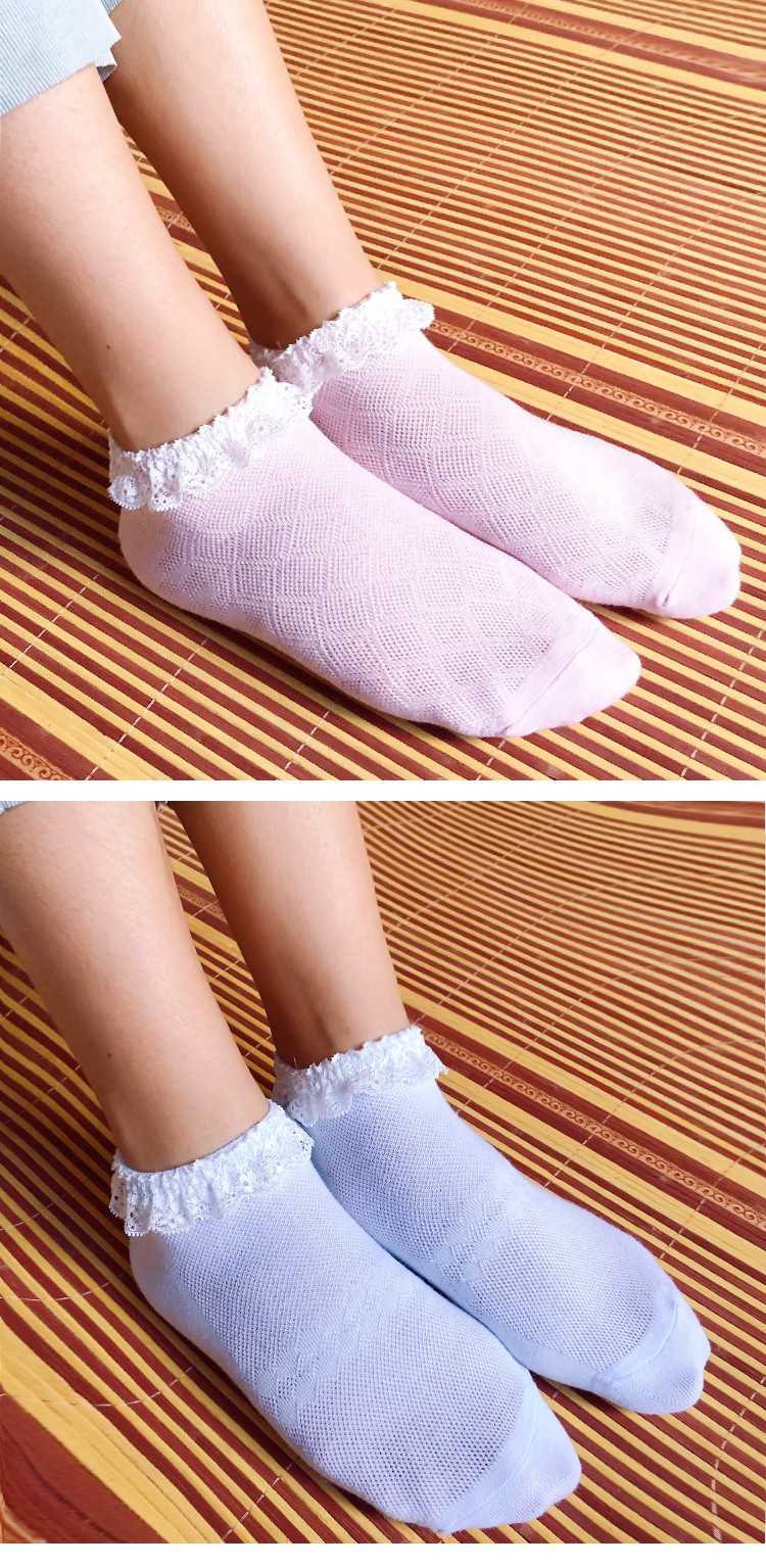 日系可爱少女蕾丝边短袜白色透气网眼袜子女棉女袜夏季低帮船袜 费琳