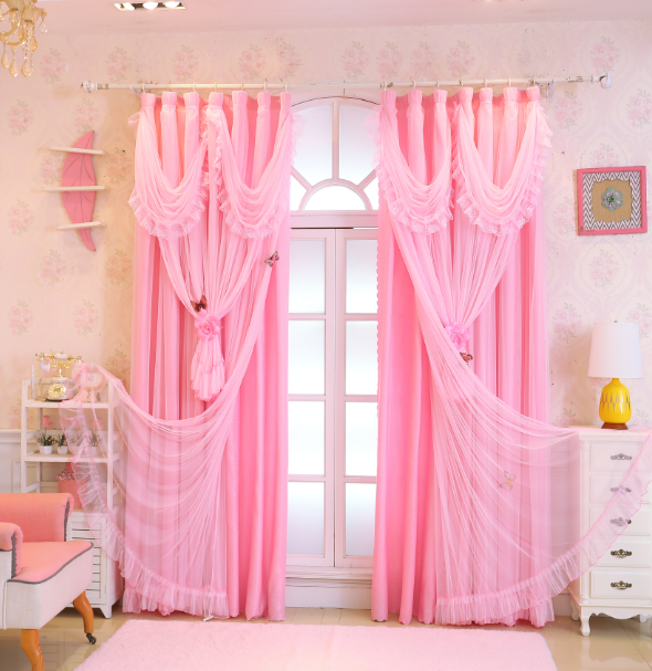 韩式红少女心窗帘成品粉色卧室蕾丝飘窗落地客厅窗纱三层公主风