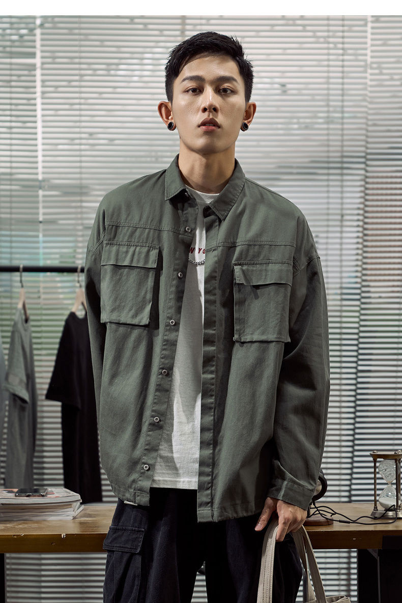 梵克公牛衬衫男长袖韩版流港风日系工装衬衣军绿色休闲痞帅宽松外套