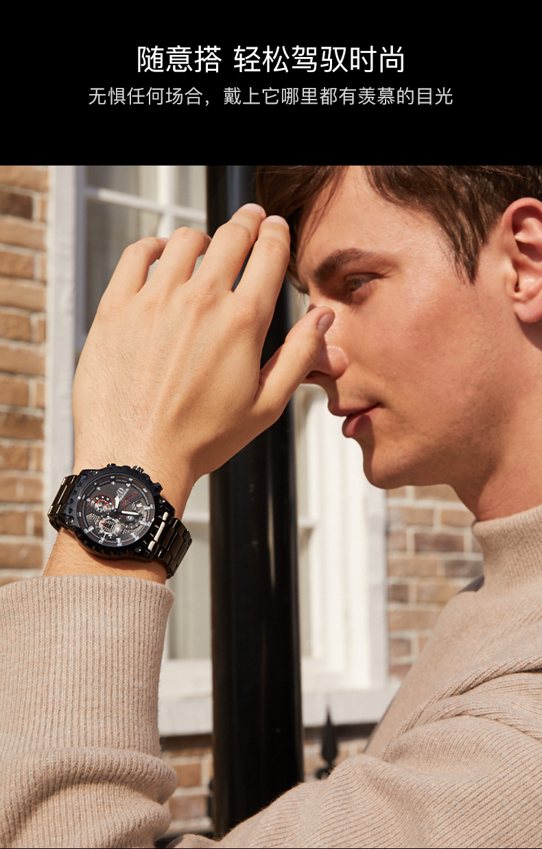 宾卡达binkada运动计时夜光日历多功能男士手表防水商务男表5001石英