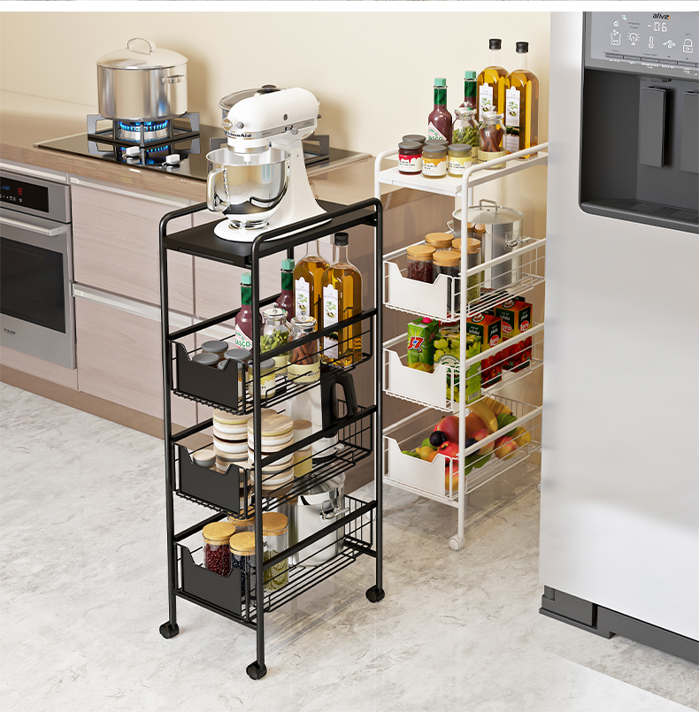 冰箱夹缝隙收纳厨房置物架小推车落地多层带轮可移动蔬菜侧边窄缝三维