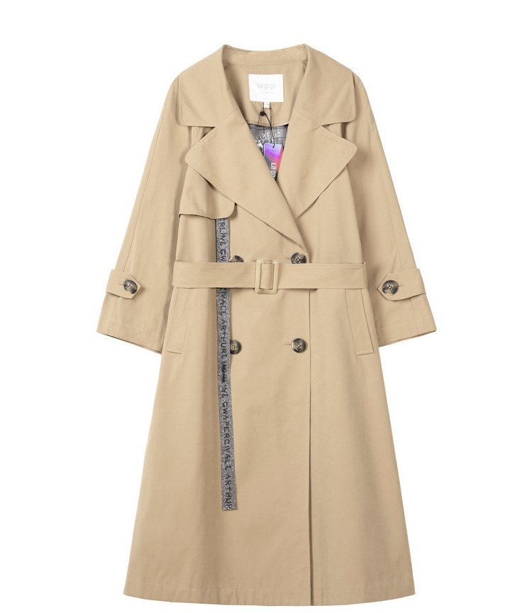 lagogo秋季新款拼接双排扣风衣女九分袖气质通勤中长款外套