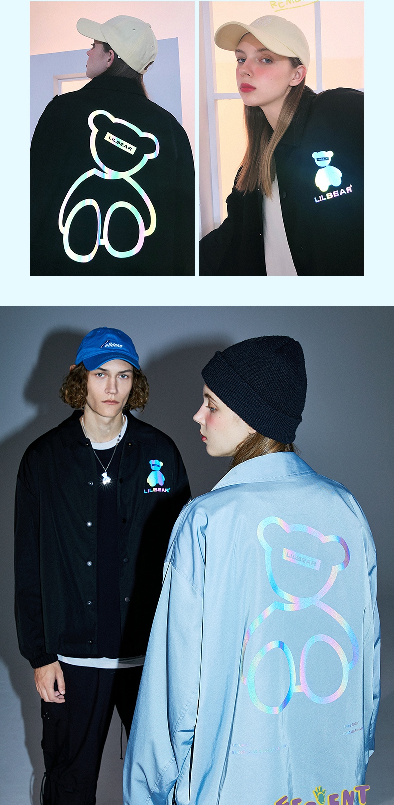lilbear明星同款小熊外套男韩版潮流褂子反光情侣装冬季夹克尺码偏大