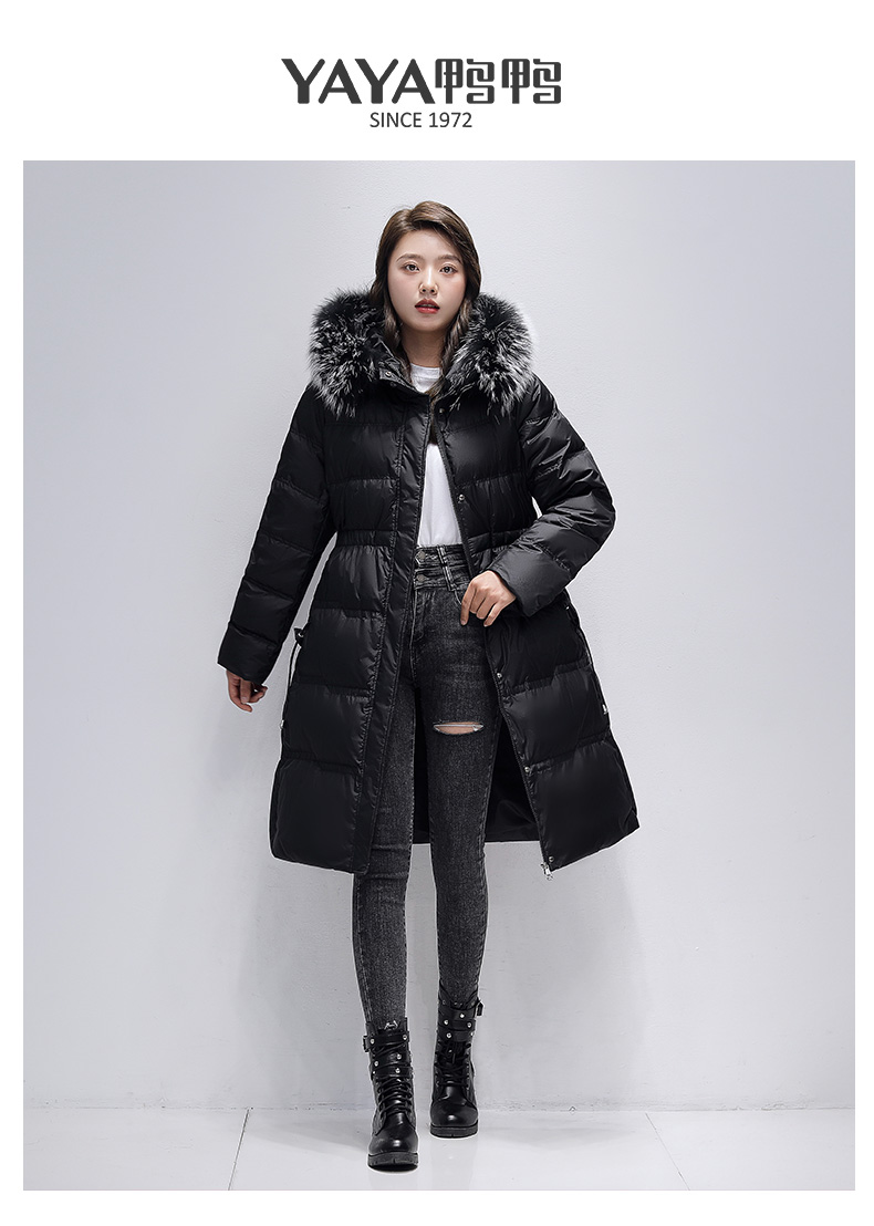 鸭鸭(yaya)女士羽绒服 鸭鸭 90鸭绒女士冬季中长款羽绒服修身连帽加厚