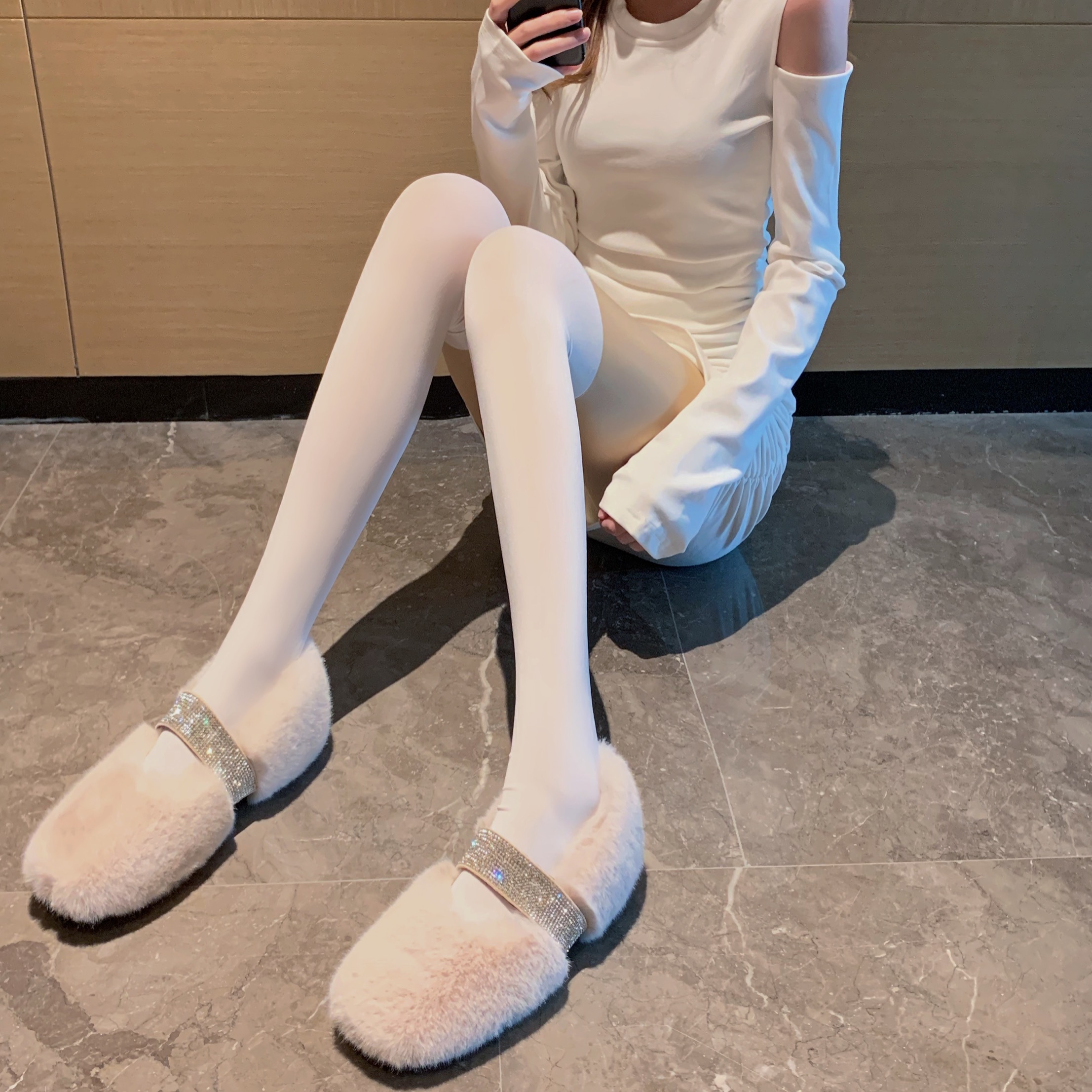 可莉允性感黑丝袜女冬天光腿器假过膝小腿拼接色打底袜裤假大腿连裤袜