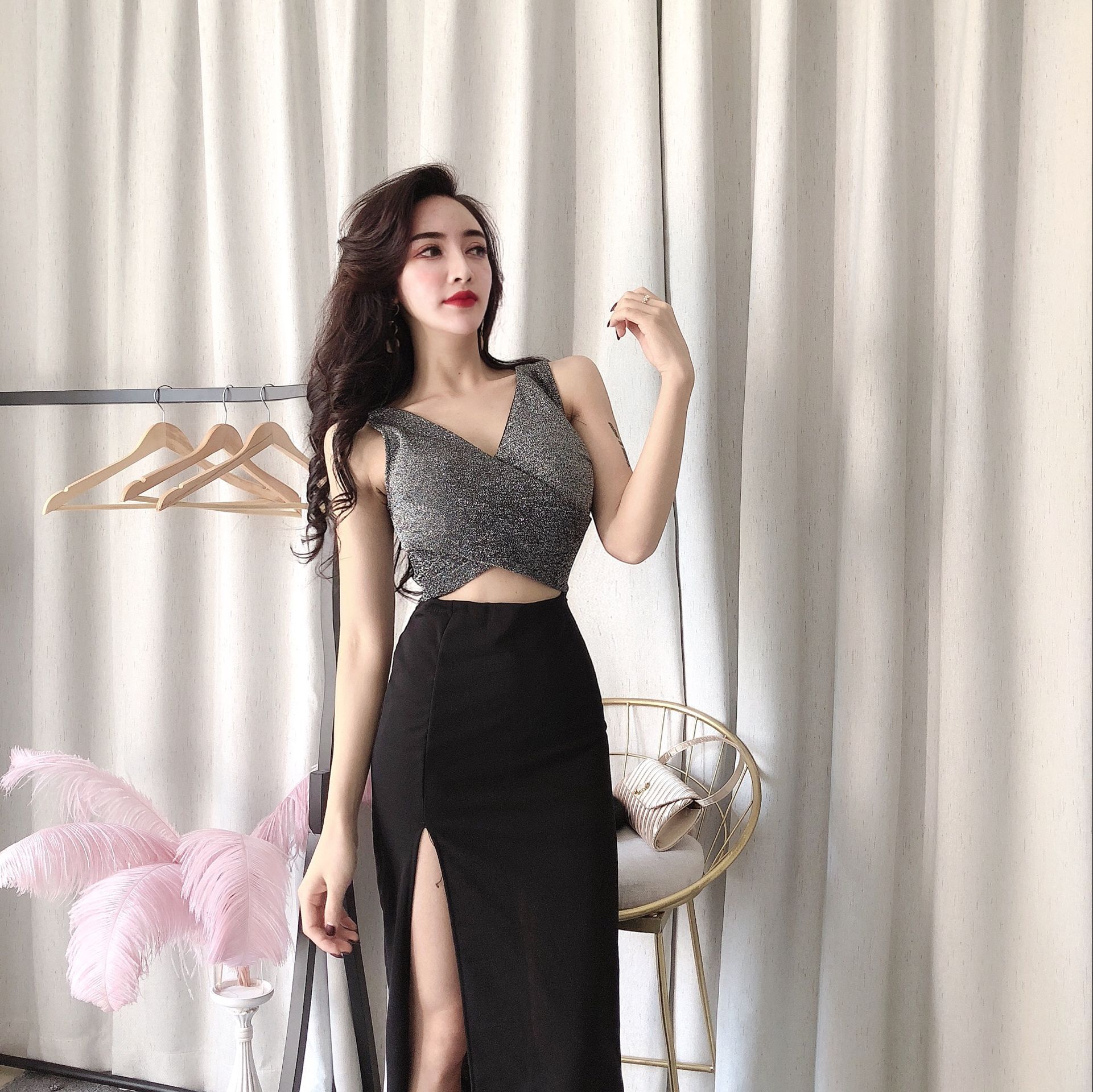 孜牧性感晚礼服女2019新款夜店低胸深v长款夜场开叉礼服长裙拼色秋冬