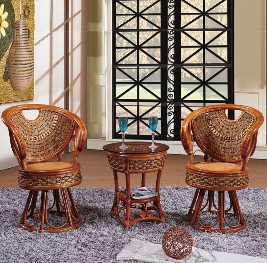 超级新品 旋转藤椅三件套单人客厅竹椅子家用阳台休闲真滕椅腾编靠背