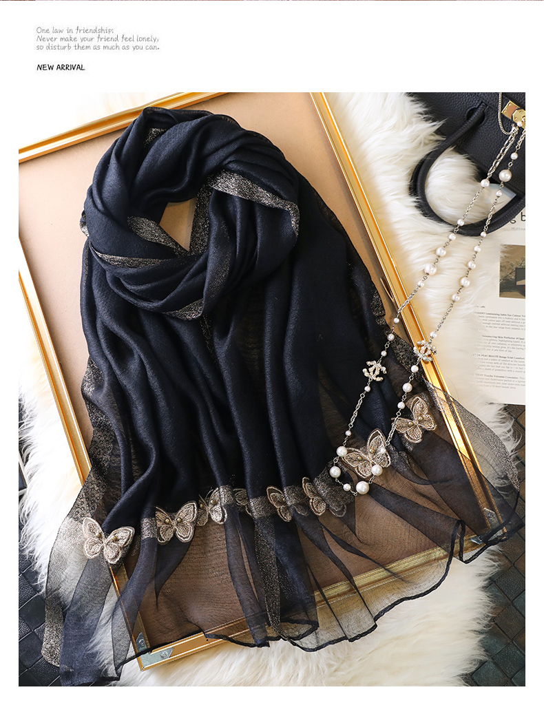 祥世恒吉黑色仿真丝丝巾女士时尚韩版长款纱巾秋冬季披肩两用桑蚕丝