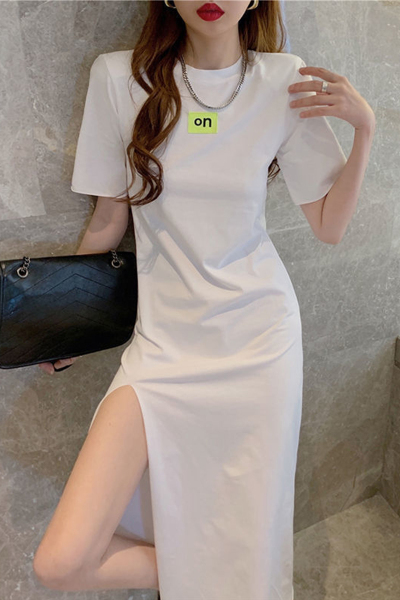 pass性感小众设计感法式开叉休闲t恤连衣裙女夏季收腰显瘦裙子潮