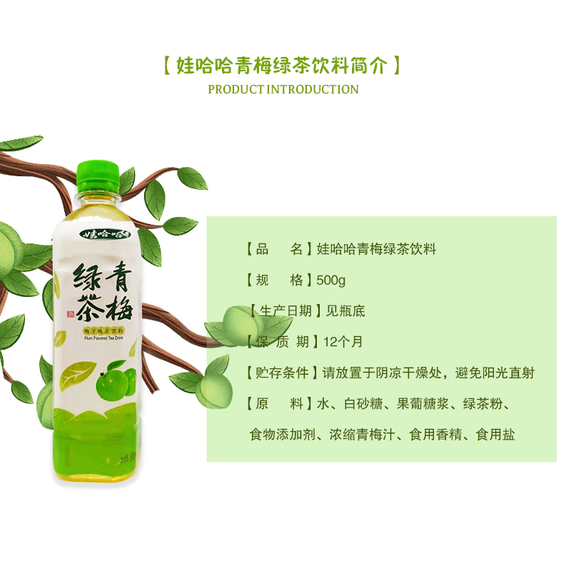 娃哈哈青梅绿茶500ml15瓶整箱梅子味果味茶饮料饮品