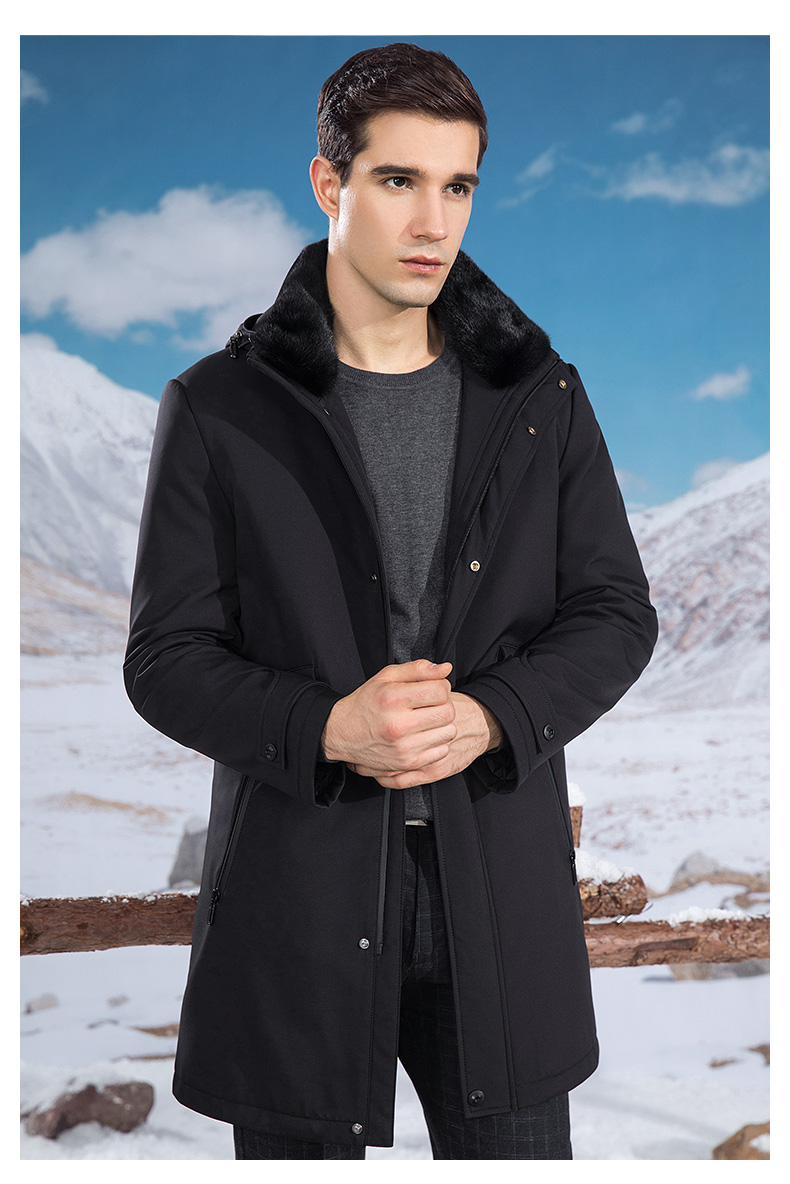 雪豹2019冬季新品男士水貂毛皮内胆休闲商务连帽中长款外套