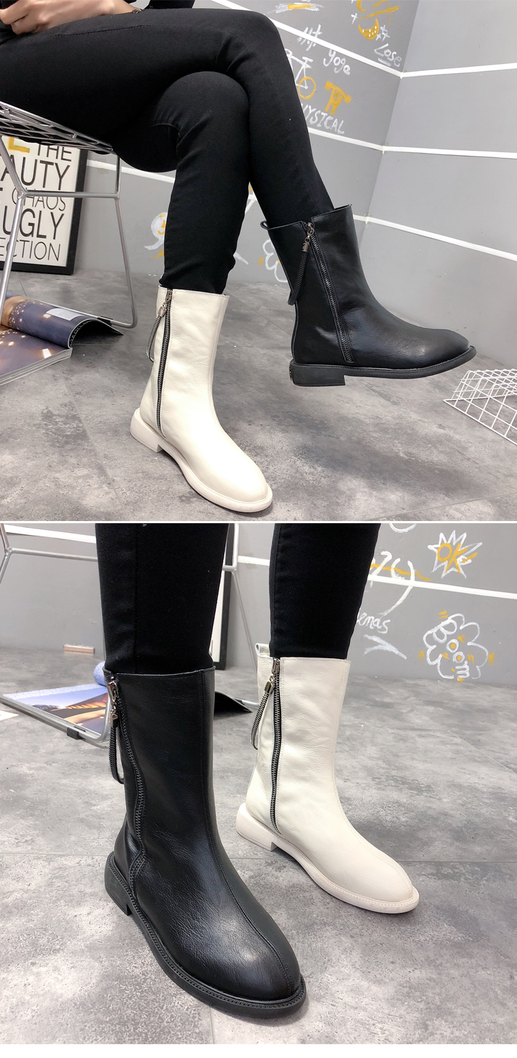 热卖英伦时尚双侧拉链平底靴百搭低跟加绒皮靴白色中筒靴机车靴马丁靴