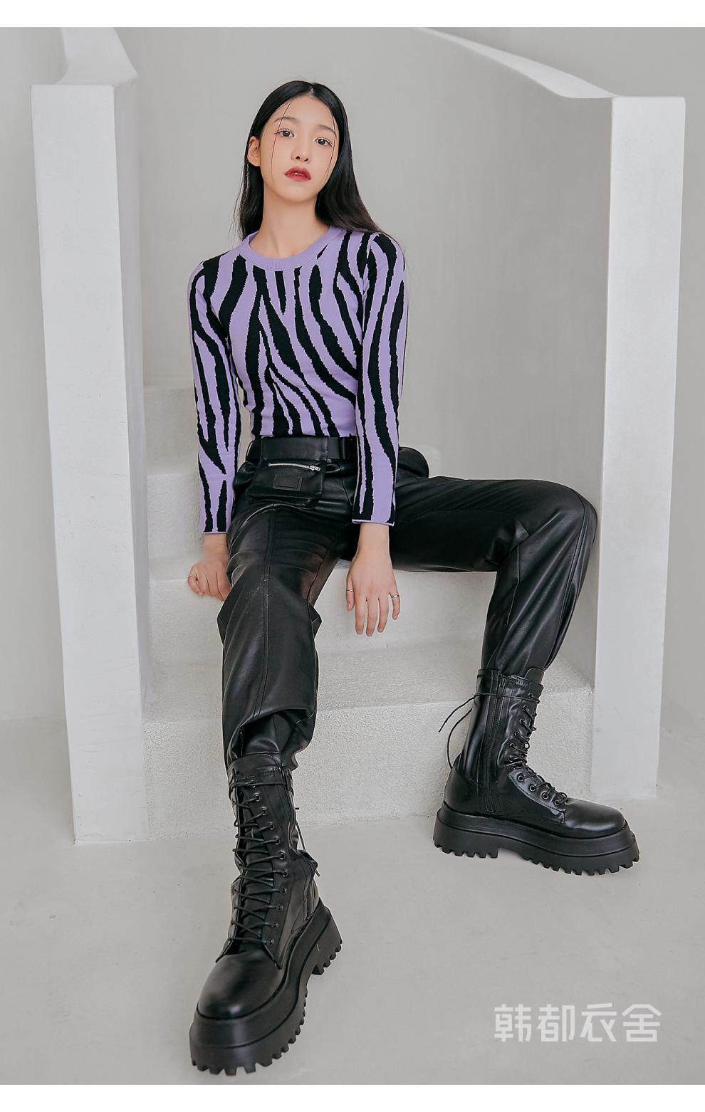 韩都衣舍2021春新款pu皮裤高腰机车工装休闲裤子女re7436