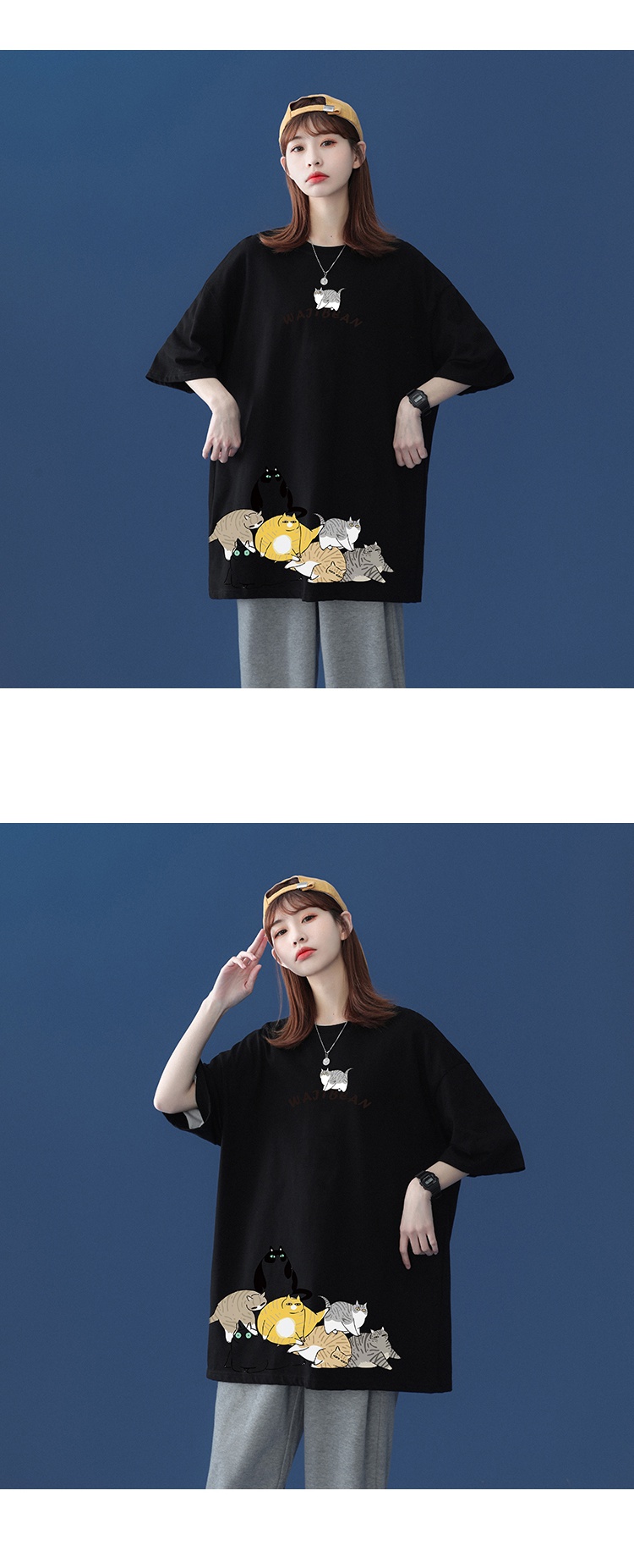 rosuya2021夏季新款纯棉港风短袖t恤猫咪图案印花宽松t恤