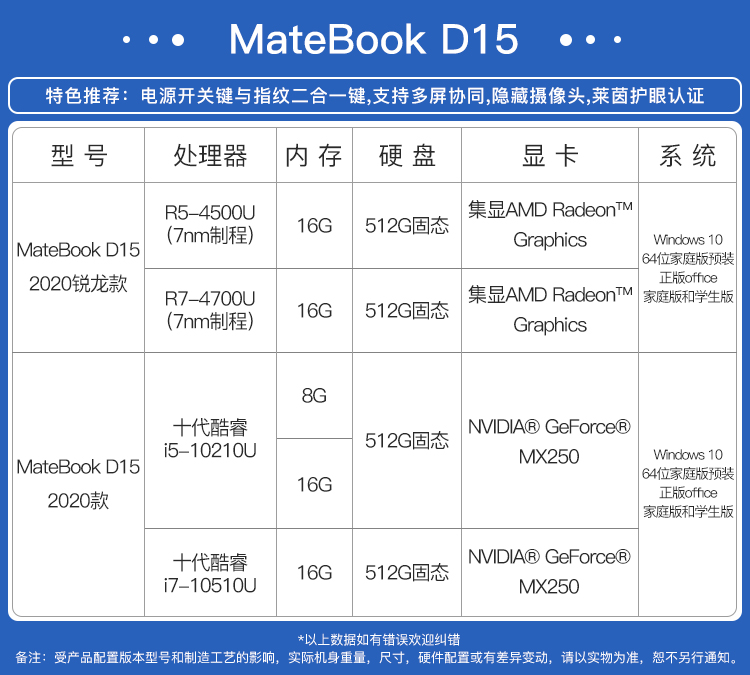 华为笔记本电脑matebookd15超级轻薄本全面屏轻薄便携超级快充银i5