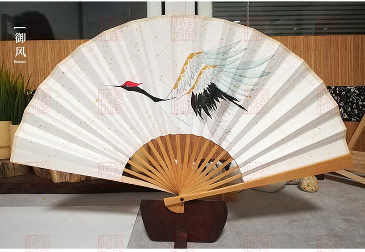 苏州古风仙鹤宣纸折扇团扇送男女朋友礼仙鹤汉服手绘定制刻字三维工匠