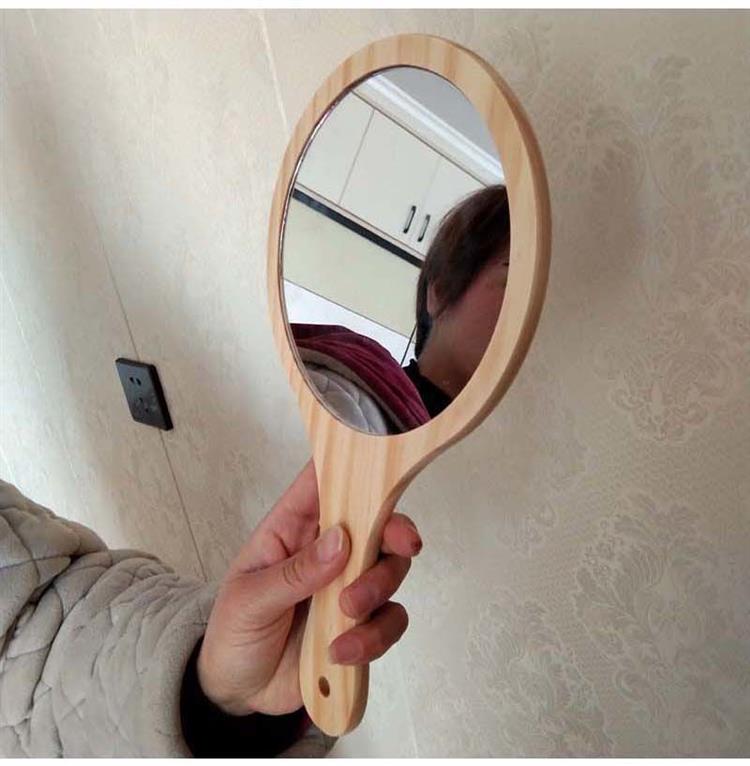 随身复古手持镜子带柄手拿高清木质小化妆镜女纹绣美容院手柄镜子中圆