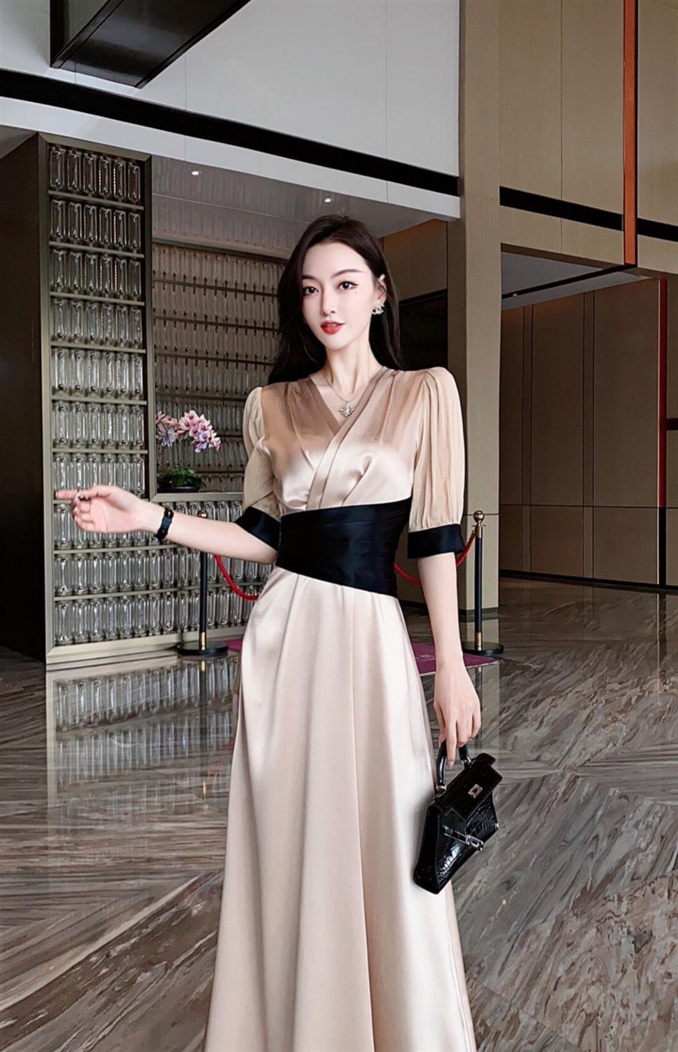 高端连衣裙御姐女神范醋酸缎面礼服裙赫本风优雅大摆长裙香槟色s
