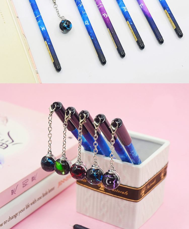 如华福禄十二星座夜光吊坠中性笔黑色05水笔星空少女水晶玻璃笔