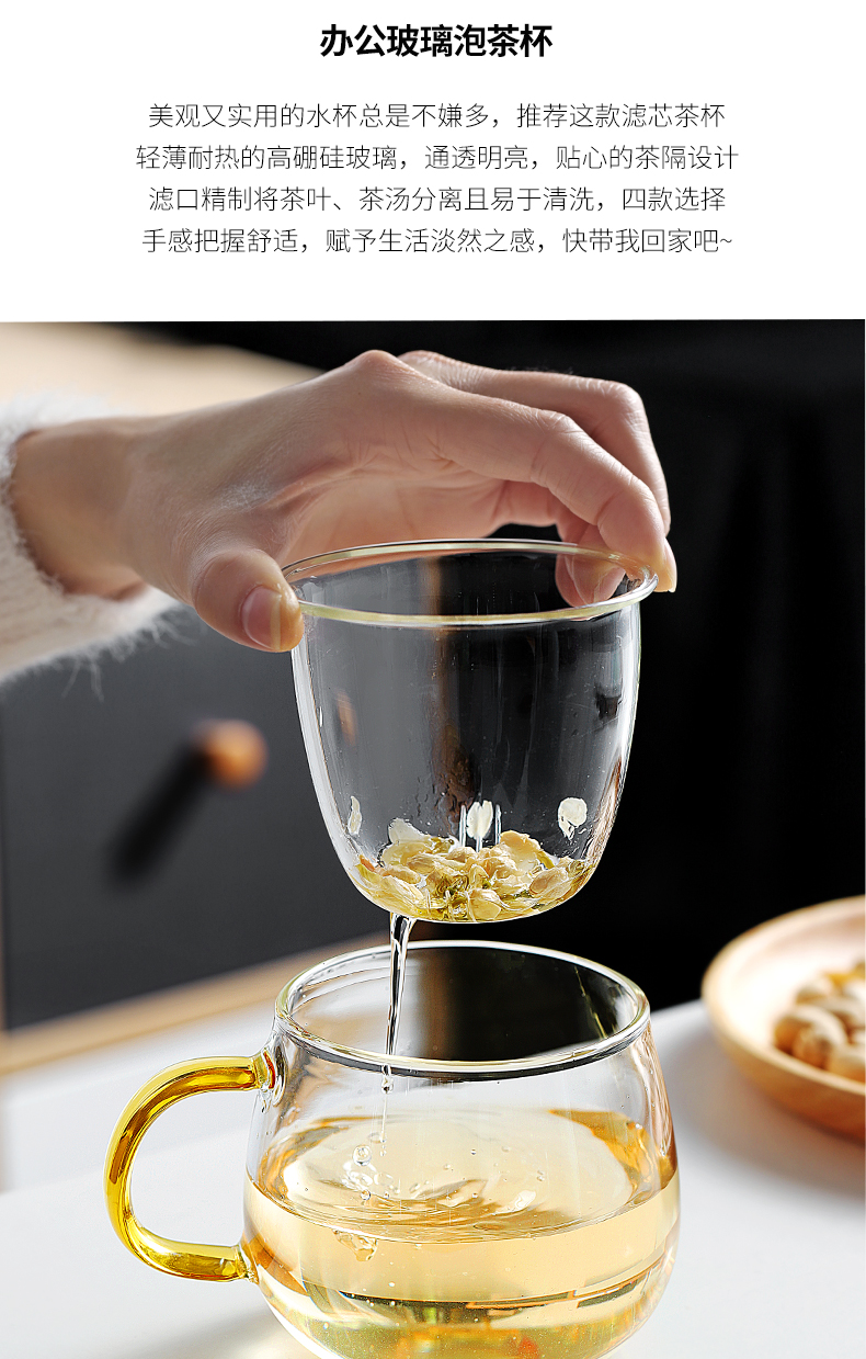 光一带盖玻璃杯子把手茶水分离喝花茶的透明过滤办公室男女士简约水杯