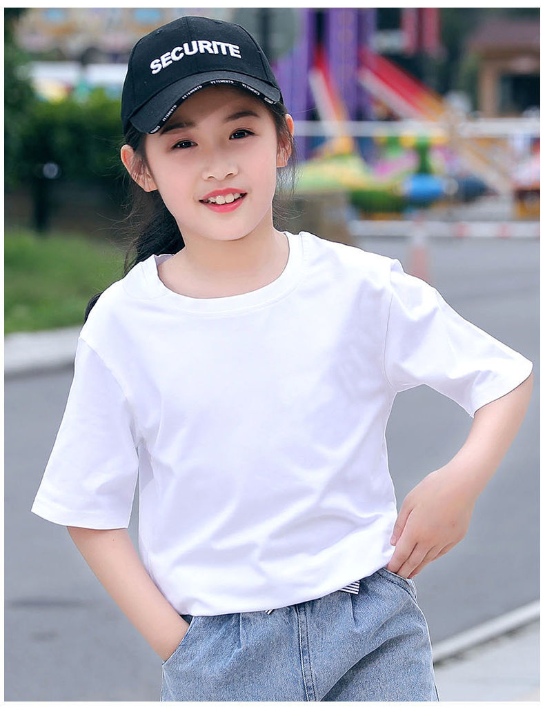 男女童短袖t恤纯白色圆领上衣纯棉童装黑色裤子儿童套装手绘班服 白色