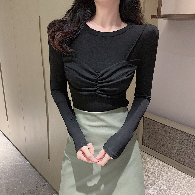 孜牧欧货小众设计感气质成熟收腰长袖t恤女早秋时髦修身显瘦打底上衣