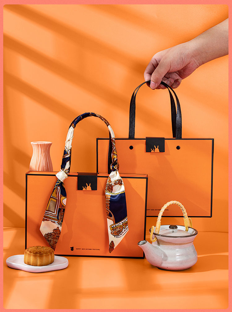 6粒装横版爱马仕橙月饼礼盒5套2021中秋月饼包装盒橙色礼盒空盒高档