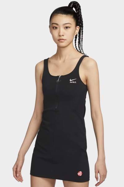 Nike Sportswear 纯色刺绣玫瑰图案 吊带中长款连衣裙 黑色 FQ0698-010