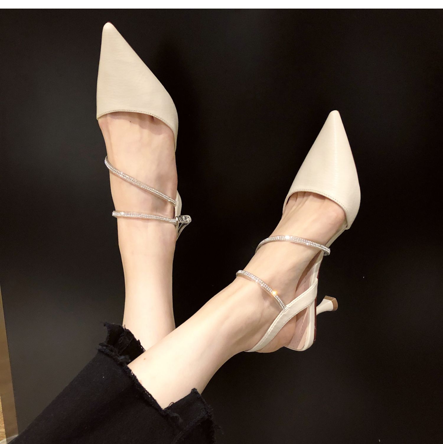 ideamini水钻细带高跟鞋细跟2021春季新款百搭网红中空尖头性感一字带