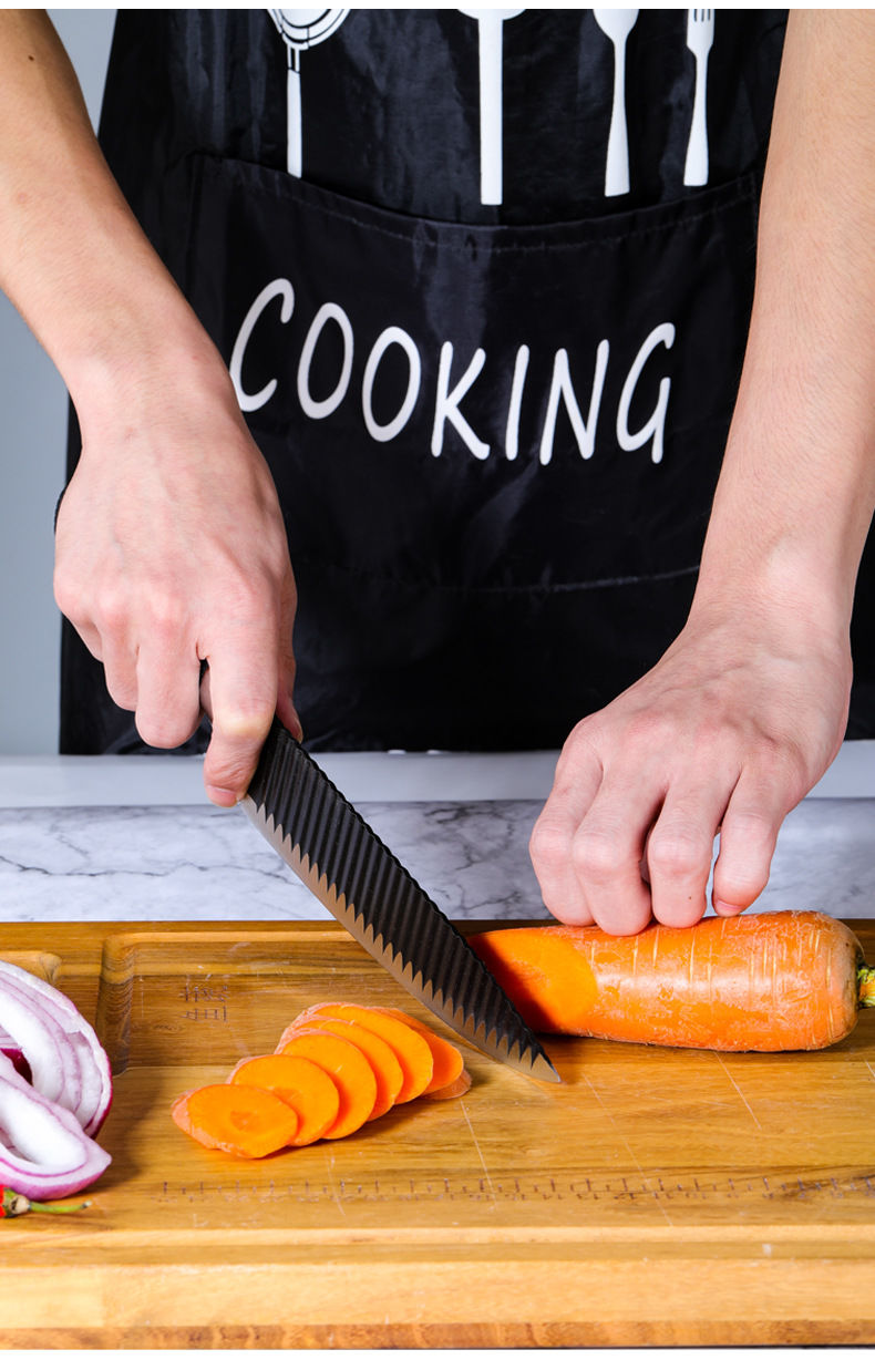 菜刀家用厨房6件套刀具不锈钢黑色不粘波浪纹礼品切肉刀韩国水果