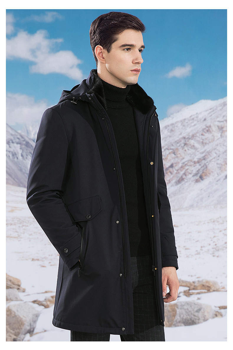 雪豹2019冬季新品男士水貂毛皮内胆休闲商务连帽中长款外套