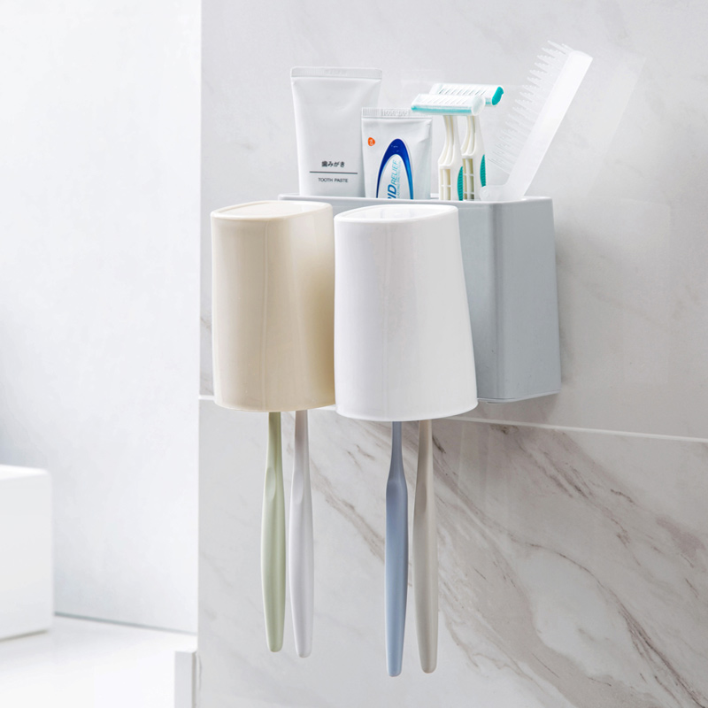 添晴浴室用品 吸壁式牙刷架卫生间壁挂洗漱架牙刷杯牙刷置物架套装