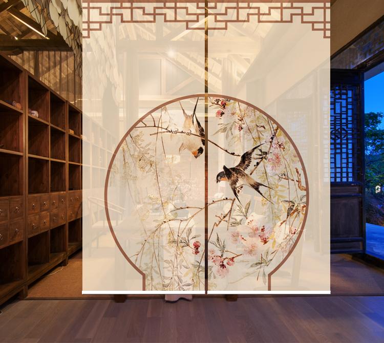 新中国风水墨拉窗帘挂式屏风隔断玄关帘古典客厅卧室遮光卷帘