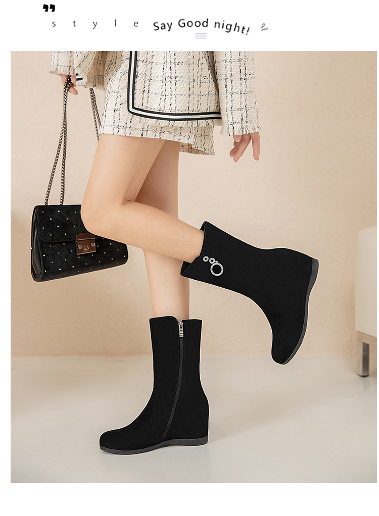 品点pandell秋冬新款中筒靴平底内增女靴磨砂加绒保暖女士棉鞋子