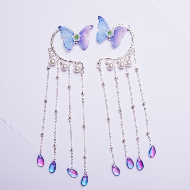 超仙蝴蝶花精灵耳饰古风耳挂流苏耳夹汉服耳饰女古装配饰公主耳环左耳