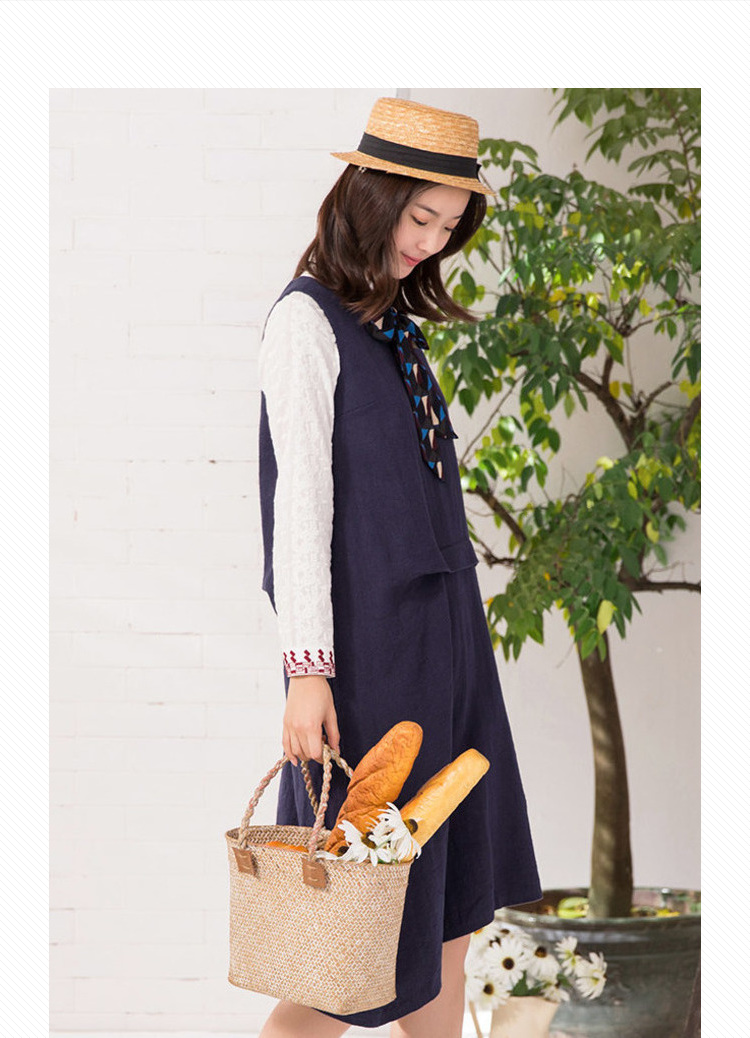 茵曼裙子春秋文艺气质不规则摆棉麻无袖背心裙宽松显瘦长裙宝蓝色