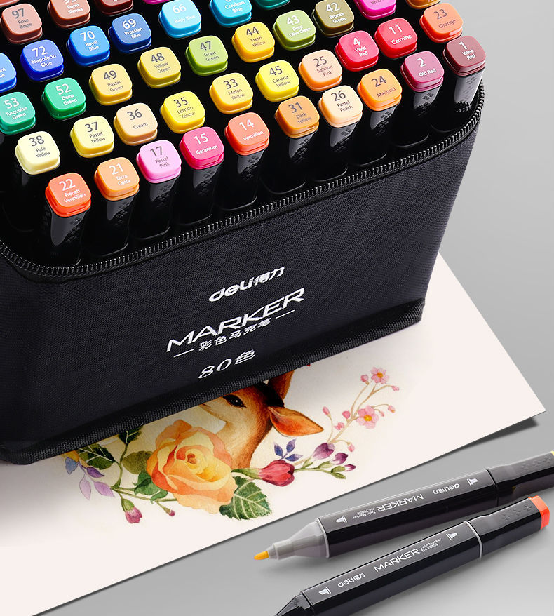 《得力马克笔48色油性套装彩色双头学生24色36色60色80色安全设计用