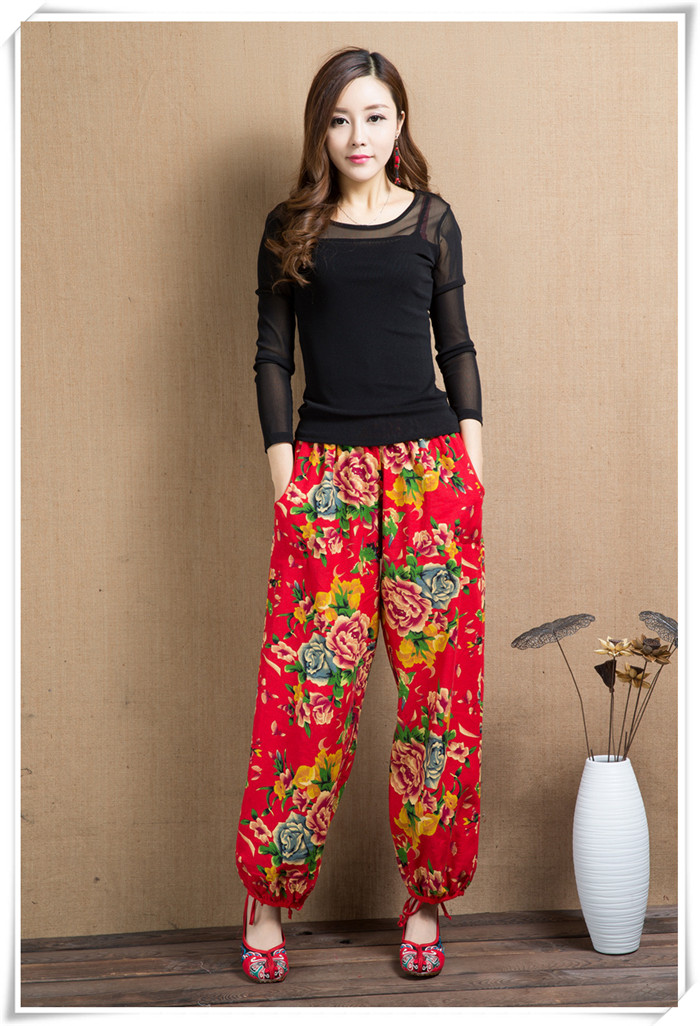 《特价春秋夏新款灯笼裤东北大花布中式民族风长裤棉麻复古女装裤子