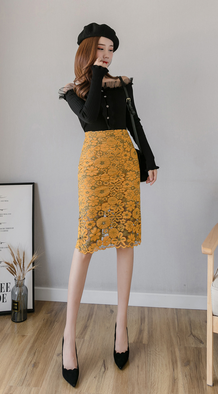 遇见衣姿蕾丝半身裙2020秋冬季新款高腰钩花镂空包臀裙中长款开叉一步