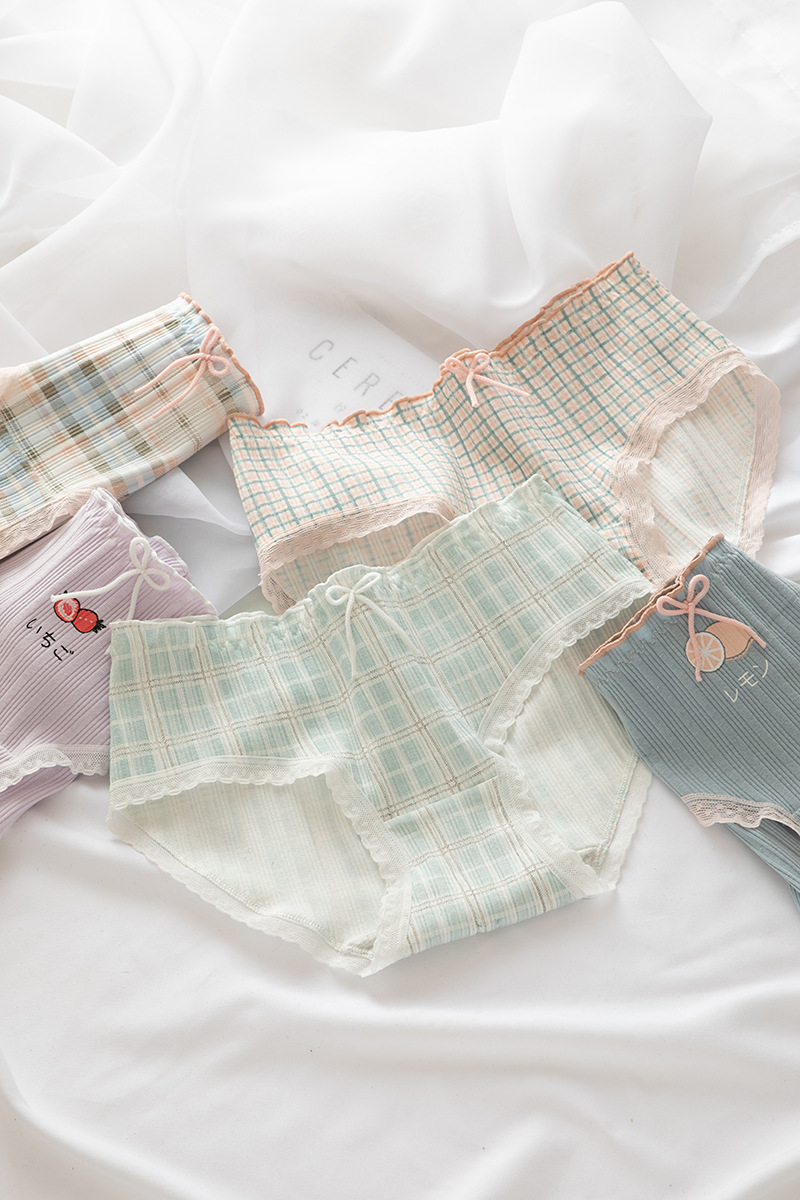 dnlus内裤女少女格子卡通可爱日系小清新内裤纯棉裆中腰女士三角裤
